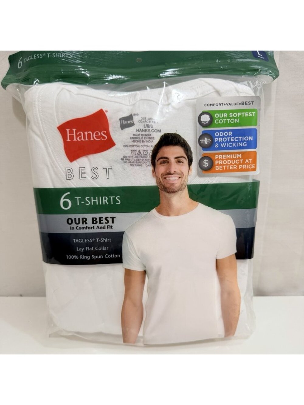 Hanes Men’s 6 Pack BEST Tagless White T-Shirts Large